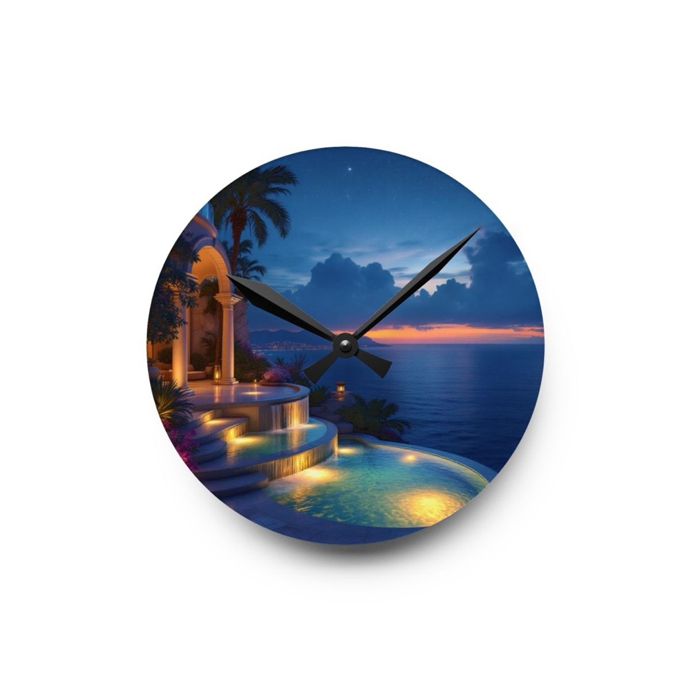 Tropical Ocean Sunset Poolside Scene Acrylic Wall Clock